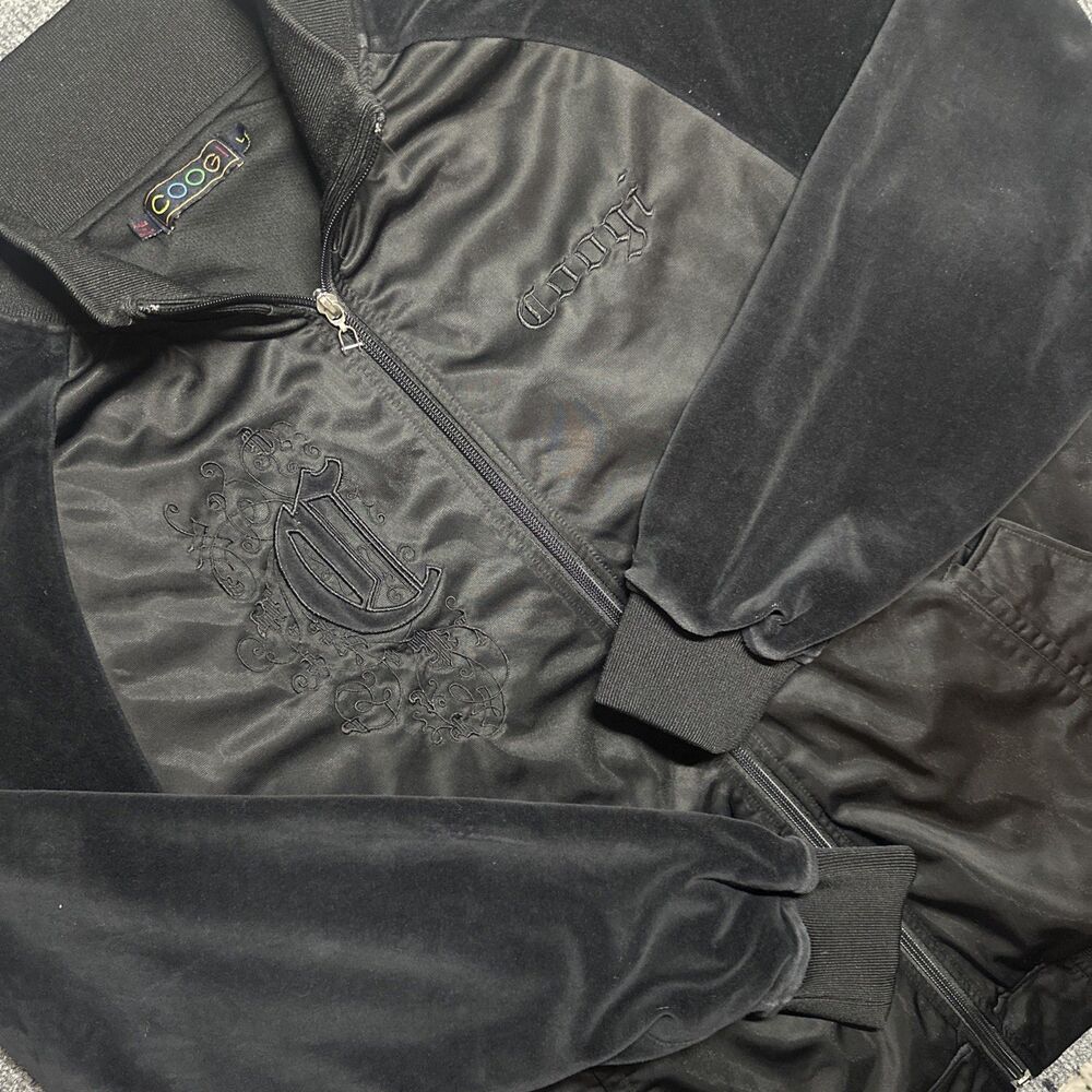 VTG 90s COOGI Mens Size L  Velour Track Jacket Black Full Zip Embroidered Y2K